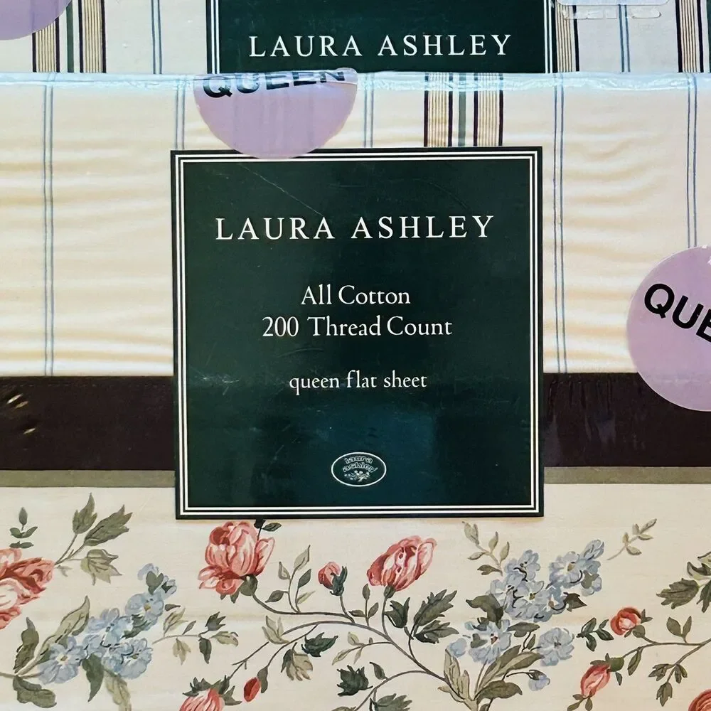 Vtg Laura Ashley Roses Pink Brown Stripe Fitted Top Sheet Set Queen Olivia Aub